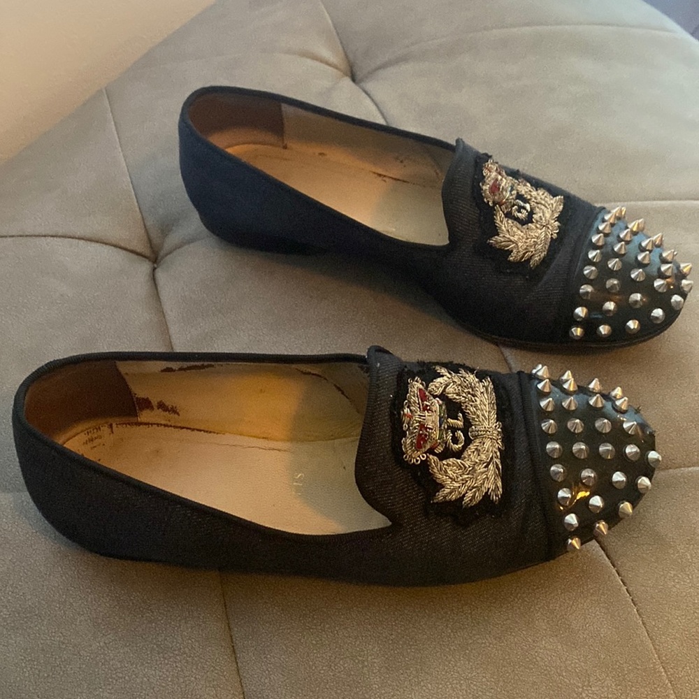 Size 37.5 Christian Louboutin Spike Loafers with Logo Embroidery